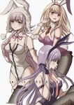  3girls ahoge akamatsu_kaede animal_ears animal_hat backpack bag bangs bare_shoulders black_gloves blush bow bowtie breasts bunny_hat commentary criis-chan danganronpa:_trigger_happy_havoc danganronpa_(series) danganronpa_2:_goodbye_despair danganronpa_v3:_killing_harmony detached_collar duplicate fake_animal_ears fake_tail fishnet_pantyhose fishnet_thighhighs fishnets from_side galaga gloves grey_background hair_ornament hand_up hat kirigiri_kyouko large_breasts leotard long_hair looking_at_viewer medium_breasts mole mole_on_breast multiple_girls musical_note musical_note_hair_ornament nanami_chiaki neck_ribbon necktie official_alternate_costume pantyhose pink_eyes pink_hair pink_ribbon pixel-perfect_duplicate playboy_bunny profile purple_hair rabbit_ears rabbit_tail red_necktie ribbon short_necktie simple_background smile strapless strapless_leotard tail thighhighs two-tone_leotard wrist_cuffs 
