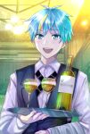  1boy :d alcohol ayaan_(ayako) black_vest blue_eyes blue_hair blush cobalt_(technoroid) copyright_name cup drinking_glass highres holding holding_tray indoors looking_at_viewer multicolored_hair shirt short_hair smile streaked_hair technoroid tray upper_body vest white_shirt wine wine_glass 