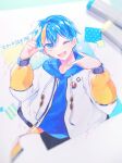  1boy absurdres blue_eyes blue_hair character_name cobalt_(technoroid) highres looking_at_viewer marker_(medium) multicolored_hair one_eye_closed open_mouth orange_hair shenaa short_hair smile solo technoroid traditional_media 