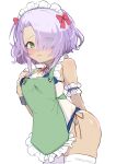  1girl absurdres alternate_costume apron arm_behind_back ass bikini black_wrist_cuffs blue_bikini blush bow breasts cafe_stella_to_shinigami_no_chou cleavage closed_mouth commentary cowboy_shot dark-skinned_female dark_skin embarrassed enmaided eyes_visible_through_hair frilled_apron frilled_arm_strap frills frown furrowed_brow green_apron green_eyes green_pupils hair_bow hair_over_one_eye hand_up highres hiuchidani_mei long_bangs looking_at_viewer maid maid_bikini maid_headdress purple_hair red_bow short_hair_with_long_locks simple_background sketch skindentation small_breasts solo swimsuit tan tanlines thighhighs twitter_username tyama_taka unconventional_maid white_background white_thighhighs wrist_cuffs 