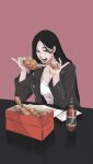  1girl alcohol anno_im beer beer_bottle bird black_eyes black_hair black_jacket bleach bleach:_the_thousand-year_blood_war breasts chicken cleavage copyright_name drumsticks eating eyeshadow fried_chicken highres holding holding_drumsticks jacket leather leather_jacket long_hair looking_at_viewer makeup napkin pink_background pink_eyeshadow scar scar_on_chest shirt solo table unohana_retsu white_shirt 