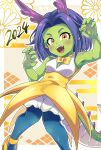  1girl 2024 :d absurdres blue_hair blue_pantyhose border bow bowtie breasts chinese_zodiac cleavage colored_skin commentary_request dragon_girl dragon_quest dragon_quest_monsters_super_light dragon_tail dress eastern_dragon_horns egasumi fangs gao green_skin highres horns kikumon looking_at_viewer medium_hair multicolored_dress orange_background otyumamii pantyhose parted_hair petite pointy_ears purple_horns shinri_(dragon_quest) shoes small_breasts smile solo tail v-neck white_border white_dress year_of_the_dragon yellow_bow yellow_bowtie yellow_dress yellow_eyes yellow_shoes yotsuwari-bishi 