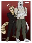  absurd_res anthro clothed clothing cougar digital_media_(artwork) duo echo_(series) echo_project felid feline felis fur hi_res male male/male mammal procyonid raccoon samuel_ayers simple_background text the_smoke_room unknown_artist visual_novel white_body white_fur 