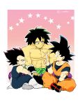  3boys black_eyes black_hair boots broly_(dragon_ball_super) commentary_request dougi dragon_ball dragon_ball_super dragon_ball_super_broly gloves index_finger_raised indian_style male_focus multiple_boys open_mouth scar scar_on_cheek scar_on_chest scar_on_face senka-san sitting smile son_goku starry_background topless_male twitter_username vegeta white_footwear white_gloves 