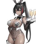  1girl alcohol animal_ears bay_(nikke) bay_(radiant_rabbit)_(nikke) black_bow black_bowtie black_gloves black_hair bow bowtie breast_curtains breasts brown_eyes champagne champagne_flute commentary_request cup dark-skinned_female dark_skin drinking_glass elbow_gloves fake_animal_ears gloves goddess_of_victory:_nikke highres holding holding_plate large_breasts leotard long_hair navel official_alternate_costume plate playboy_bunny ponytail rabbit_ears rebanira0330 see-through_clothes see-through_leotard simple_background solo thighs very_long_hair white_background 