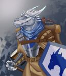  anthro armor backpack belt blue_eyes clothed clothing hi_res kobold male melee_weapon mordorinka scalie shield solo sword weapon 