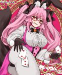  1girl animal_ears ass black_gloves bow bowtie breasts card fake_animal_ears fate/grand_order fate_(series) glasses gloves hair_bow heart highres izumi_minami koyanskaya_(assassin)_(second_ascension)_(fate) koyanskaya_(fate) large_breasts open_mouth orange_eyes pink_hair rabbit_ears tail tamamo_(fate) twintails twitter_username 