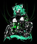  ! 1girl ahoge android andyface animal_ears black_background black_sclera breasts colored_sclera ear_piercing fur green_hair highres large_breasts long_hair original piercing ribs skeleton solo spine symbol-shaped_pupils tail 