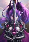  1girl absurdres armor black_horns blood blood_on_weapon blue_eyes blue_hair breasts chain cleavage_cutout clothing_cutout cottontail_(vtuber) eyelashes gamer_supps gauntlets heart heterochromia highres holding holding_sword holding_weapon horns indie_virtual_youtuber long_hair multicolored_hair pointy_ears purple_eyes purple_hair sainty signature solo streaked_hair sword virtual_youtuber weapon 