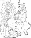  anthro black_and_white bottomwear clothed clothing equid equine female hair hi_res hooves horn horse long_hair mammal monochrome mordorinka simple_background solo topwear unicorn 