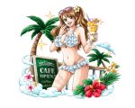 1girl bikini brown_hair charlotte_pudding eyewear_on_head flower hair_flower hair_ornament hibiscus official_art one_piece one_piece_treasure_cruise open_mouth palm_tree red_flower sunglasses swimsuit teeth tree twintails upper_teeth_only 