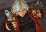  1boy absurdres aiming aiming_at_viewer black_gloves black_shirt blue_eyes chest_belt closed_mouth coat commentary covered_collarbone dante_(devil_may_cry) derivative_work devil_may_cry_(netflix) devil_may_cry_(series) ebony_&amp;_ivory english_commentary finger_on_trigger fingernails gloves grey_background gun hair_between_eyes handgun henoopd highres holding holding_gun holding_weapon lips looking_at_viewer male_focus medium_hair nose open_clothes open_coat red_coat screenshot_redraw shirt smile solo upper_body weapon white_hair 