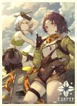  2girls absurdres adjustable_wrench aircraft airplane bandaid bandaid_on_arm bandaid_on_leg bare_shoulders black_gloves boots brown_hair brown_shorts camouflage_scarf cloud cloudy_sky commentary_request croque_(girls&#039;_frontline_nc) earhart_(girls&#039;_frontline_nc) fingerless_gloves fox girls&#039;_frontline girls&#039;_frontline_neural_cloud gloves gradient_hair green_jacket grey_hair grin hair_ornament hairclip hand_on_hip headset highres holding holding_wrench jacket ladder mckeee multicolored_hair multiple_girls outdoors pointing pointing_up red_eyes scarf shirt shorts sky sleeveless sleeveless_shirt smile squatting standing sweat tank_top tool_belt white_shirt wiping_sweat wrench yellow_eyes 