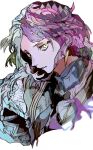  1boy absurdres bungou_stray_dogs earrings highres jewelry long_hair looking_at_viewer male_focus multicolored_hair parted_lips patterned_clothing patterned_hair portrait purple_hair sigma_(bungou_stary_dogs) simple_background solo split-color_hair white_background yadu_nadu yellow_eyes 