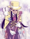  1boy ace_attorney apollo_justice:_ace_attorney ascot belt belt_pouch blush brooch brown_belt cane cape closed_mouth gloves hat holding holding_cane jacket jewelry long_hair long_sleeves looking_at_viewer magician male_focus minashirazu pouch rabbit red_ascot solo sweatdrop top_hat white_gloves white_rabbit_(animal) yellow_cape yellow_headwear zak_gramarye 