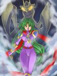  1girl arm_guards armor ass_visible_through_thighs belt bodysuit breasts bug commentary_request cowboy_shot curtained_hair fog forehead_protector glowing glowing_eyes grasschopper green_eyes green_hair hand_up highres holding holding_sword holding_weapon kageyama_shinobi kuji-in lady_ninja_yae long_hair long_scarf looking_at_viewer low-tied_long_hair medium_breasts ninjatou oversized_bug praying_mantis purple_bodysuit red_belt red_scarf scarf short_sword shoulder_armor skin_tight standing sword thigh_gap very_long_hair weapon yellow_eyes yu-gi-oh! 