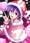  1girl :3 :d ashiroku_(miracle_hinacle) bangs capelet doremy_sweet fur_trim hat highres index_finger_raised long_sleeves looking_at_viewer nightcap open_mouth pom_pom_(clothes) purple_eyes purple_hair red_capelet red_headwear short_hair signature smile solo touhou upper_body 