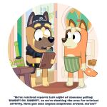  1:1 anthro apron apron_only australian_cattle_dog ball bat_(object) bluey_(series) border bottomless brown_body brown_fur canid canine canis caption cattledog chilli_heeler circular_frame clipboard clothed clothing cricket_bat dialogue dm29 domestic_dog duo electroshock_weapon english_text female fur german_shepherd gloves_(marking) herding_dog leg_markings male mammal markings orange_body orange_fur pastoral_dog police police_officer police_uniform socks_(marking) tan_body tan_fur taser tennis_ball text uniform weapon white_border 