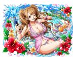  1girl breasts brown_eyes brown_hair charlotte_pudding cleavage drink flower food hibiscus leaf official_art one_eye_closed one_piece one_piece_treasure_cruise panties pink_panties sitting swimsuit twintails underwear water water_gun 