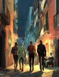  5boys alley back black_jacket black_pants black_shirt blonde_hair blue_hair building chair city clothing_cutout coat formaggio from_behind ghiaccio hand_in_pocket hashtag-only_commentary highres jacket jojo_no_kimyou_na_bouken jomijjd melone multiple_boys night outdoors pants prosciutto_(jojo) red_hair red_shirt road shirt short_hair sitting street vento_aureo walking white_coat white_hair 