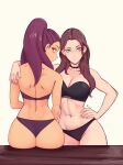  2girls absurdres arm_around_shoulder ass back back_tattoo black_bra black_choker black_panties bra brown_hair choker collarbone dark-skinned_female dark_skin dorothea_arnault dorothea_arnault_(timeskip) earrings facial_mark fire_emblem fire_emblem:_three_houses forehead from_behind grin hand_on_another's_shoulder hand_on_own_hip high_ponytail highres jewelry long_hair looking_at_viewer looking_back multiple_girls navel panties petra_macneary petra_macneary_(timeskip) ponytail purple_bra purple_hair purple_panties raichiyo33 sitting smile standing stomach tan tattoo thighs underwear underwear_only 