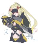  1girl absurdres ahoge anger_vein ashimi_fugo black_gloves blindfold_mask blonde_hair blush closed_mouth commentary_request covered_eyes cowboy_shot finger_on_trigger fingerless_gloves gloves gun hair_ornament highres holding holding_weapon long_hair midriff navel ponytail rifle sniper_rifle triangle_hair_ornament trigger_(zenless_zone_zero) twitter_username weapon white_background zenless_zone_zero 