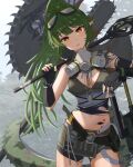  1girl arknights axe bangs battle_axe black_gloves chainsaw commentary_request crocodilian_tail fingerless_gloves gavial_(arknights) gavial_the_invincible_(arknights) gloves goggles goggles_on_head green_hair high_ponytail highres holding holding_staff long_hair looking_at_viewer mask mask_around_neck midriff navel official_alternate_costume open_mouth oripathy_lesion_(arknights) pointy_ears respirator shironekoban solo staff stomach_tattoo tail tattoo weapon yellow_eyes 