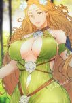  1girl absurdres armband arms_at_sides artist_name bare_shoulders blurry blurry_background breasts center_opening closed_mouth collarbone covered_nipples day dress feather_hair_ornament feathers final_fantasy final_fantasy_xiv green_dress green_eyes hair_ornament highres huge_breasts light_smile lips long_hair looking_at_viewer nophica oliver_(oliverclassict) orange_hair outdoors sleeveless sleeveless_dress solo tattoo upper_body very_long_hair 