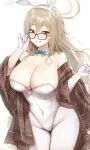 1girl akane_(blue_archive) akane_(bunny)_(blue_archive) blonde_hair blue_archive blue_bow blue_bowtie bow bowtie breasts brown_eyes brown_scarf covered_navel detached_collar glasses gloves grin halo hand_on_eyewear hands_up highres hopeful_wharf large_breasts leotard long_hair pantyhose parted_lips plaid plaid_skirt playboy_bunny scarf skirt smile solo white_gloves white_leotard white_pantyhose 