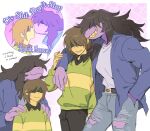  1girl 1other arm_around_neck belt blue_jacket brown_hair colored_skin covered_eyes cowboy_shot deltarune english_text freckles furry furry_female furry_with_non-furry grin hair_over_eyes hand_in_pocket hands_on_another&#039;s_shoulders head_on_head head_rest heart highres interspecies jacket kiss kris_(deltarune) long_hair multiple_views pants purple_skin shaded_face sharp_teeth short_hair smile standing susie_(deltarune) teeth torn_clothes torn_pants ttudolee utdr_(toby_fox) yellow_skin 