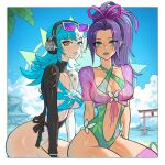  absurdres backless_swimsuit breasts butterfly_ornament cleavage dattosan green_lips green_one-piece_swimsuit hair_ribbon highres large_breasts long_hair looking_at_viewer luna_snow luna_snow_(cool_summer) marvel marvel_rivals multiple_girls navel official_alternate_costume one-piece_swimsuit ponytail psylocke psylocke_(breezy_butterfly) purple_hair ribbon swimsuit x-men 