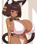 1girl ancient_egyptian ancient_egyptian_clothes animal_ear_fluff animal_ears armlet bangle bare_shoulders blunt_bangs bracelet breasts brown_hair cat_ears cat_tail commentary_request cowboy_shot dark-skinned_female dark_skin expressionless hair_tubes highres huge_breasts if_you_want_to_become_a_godly_artist_(trend) jewelry jitome original red_eyes revealing_clothes shirogane_hakuba short_hair skindentation solo tail usekh_collar white_loincloth 