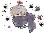  1boy copyright_name covered_mouth fish food grey_hair inumaki_toge jujutsu_kaisen male_focus nata_kokone onigiri purple_eyes scarf short_hair simple_background solo twitter_username white_background 