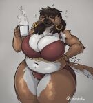  anthro big_breasts big_butt black_nose bra breasts brown_body brown_fur brown_hair butt canid canine canis clothed clothing container cup domestic_dog eyes_closed female floppy_ears front_view fur grey_background hair hi_res holding_container holding_cup holding_mug holding_object huge_breasts jezzlen mammal messy_hair millie_(jezzlen) mouth_closed mug navel overweight overweight_anthro overweight_female panties portrait red_bra red_clothing red_panties red_underwear signature simple_background solo standing steam three-quarter_portrait underwear white_body white_fur wide_hips 