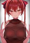  1girl absurdres breasts closed_mouth gradient gradient_background grey_background hair_between_eyes hair_ribbon heterochromia highres hololive houshou_marine large_breasts long_hair looking_at_viewer open_mouth pomesaurus red_eyes red_hair red_ribbon ribbon solo sweat twintails upper_body virtual_youtuber yellow_eyes 