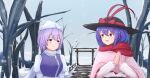  2girls :d bangs bare_tree black_headwear blue_eyes bow breasts capelet closed_mouth hat hat_bow hatoman_(ytef4434) highres large_breasts letty_whiterock long_sleeves looking_at_another looking_at_viewer multiple_girls nagae_iku open_mouth outdoors own_hands_together pink_capelet polearm purple_eyes red_bow red_eyes red_scarf scarf smile snow snowing torii touhou tree trident upper_body weapon white_headwear white_scarf 