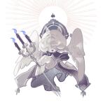  1other :d blindfold candle colored_skin commentary cookie_run cookie_run:_kingdom curly_hair doughael dress facing_viewer feathered_wings feathers film_grain full_body grey_skin highres invisible_chair long_dress open_mouth reed short_hair simple_background sitting smile solo sparkle staff symbol-only_commentary white_background white_dress white_hair white_wings wings 