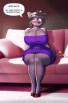  anthro big_breasts black_hair black_nose blush breasts canid canine canis clothing crossgender curvy_figure dialogue dracojeff dress emanata female fur furniture grey_body grey_fur hair hourglass_figure looking_down mammal mtf_crossgender nipple_outline on_sofa phyco pink_fingernails pumps purple_clothing purple_dress red_eyes red_high_heels shoulderless_dress sitting sitting_on_sofa sofa solo sore suntan tan_line thick_thighs trans_(lore) trans_man_(lore) wide_hips wolf 
