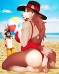  anthro ball beach beach_ball beard big_breasts big_butt breasts brown_body brown_fur brown_hair butt clothing cloud day duo ear_piercing facial_hair female fur gauged_ear hair hat headgear headwear hi_res inflatable lagomorph leporid looking_at_viewer looking_back looking_back_at_viewer male male/female mammal mochi_(unluckyoni) narrowed_eyes nipple_outline one-piece_swimsuit outside piercing procyonid rabbit raccoon rear_view sand seaside shirtless sky slightly_chubby swimming_trunks swimwear unluckyoni vincent_(vincentdraws) water 