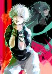  1boy 1girl absurdres bangs black_shirt brown_eyes eto_(tokyo_ghoul) from_side hands_on_own_neck hands_up heterochromia highres kaneki_ken kyuuba_melo legs_apart long_hair looking_at_viewer multicolored_background pants profile red_eyes shirt short_sleeves teeth tokyo_ghoul white_hair white_pants 