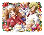  1boy 1girl bell blonde_hair brown_eyes brown_hair cake cake_slice candle charlotte_pudding cigarette flower food fruit gift hair_over_one_eye holding holding_plate looking_at_viewer necktie official_art one_piece one_piece_treasure_cruise open_mouth plate red_flower red_necktie sanji_(one_piece) smoking strawberry teeth tray twintails 