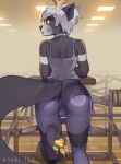  2021 absurd_res anthro antlers artist_name biped bulge butt claws clothed clothing digital_media_(artwork) fur grey_body grey_fur gym hair hi_res hindpaw horn inside looking_at_viewer looking_back looking_back_at_viewer male mammal pawpads paws rear_view shaded solo tekilao toe_claws white_hair 