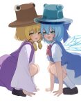  2girls :d absurdres bangs black_footwear blonde_hair blue_dress blue_eyes blue_headwear brown_headwear cirno detached_wings dress from_side full_body highres ice ice_wings mikan_(manmarumikan) moriya_suwako multiple_girls open_mouth short_hair short_sleeves simple_background smile squatting touhou white_background wings yellow_eyes 