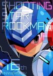  1boy anniversary blue_background blue_bodysuit blue_headwear bodysuit brown_eyes character_name closed_mouth geo_stelar_(mega_man) helmet looking_at_viewer male_focus mega_man_(series) mega_man_star_force one_eye_covered shizuki_airu simple_background solo upper_body 