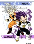  2boys armor boots clenched_hands commentary_request dougi dragon_ball dragon_ball_super ear_piercing fighting_stance gloves grey_eyes grey_hair grin male_focus multiple_boys muscular muscular_male no_eyebrows piercing purple_hair red_eyes romaji_text senka-san smile son_goku thought_bubble translation_request twitter_username ultra_ego_(dragon_ball) ultra_instinct vegeta white_footwear white_gloves wristband 