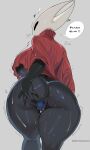  1girl absurdres anus ass black_skin blue_pussy breasts censored cloak colored_pussy colored_skin commentary curvy feet_out_of_frame grey_background harutoyumaarts heart highres hollow_knight horned_mask hornet_(hollow_knight) huge_breasts kneepits mask mosaic_censoring naked_cloak pussy red_cloak simple_background solo speech_bubble spread_pussy sweat thick_thighs thighs translation_request twitter_username underboob 