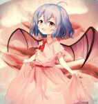  1girl :d abstract_background absurdres ahoge ar_(maeus) ascot bangs bat_wings blue_hair blush collared_dress cowboy_shot crossed_bangs dress fang frilled_shirt_collar frilled_sleeves frills hair_between_eyes highres holding looking_at_viewer looking_to_the_side muted_color open_mouth pink_dress puffy_short_sleeves puffy_sleeves red_ascot red_eyes red_sash remilia_scarlet sash short_hair short_sleeves skin_fang skirt_hold smile solo standing touhou wavy_hair wing_collar wings 