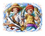  2boys beanie blue_hair buggy_the_clown grin hat holding holding_sword holding_weapon male_focus multiple_boys official_art one_piece one_piece_treasure_cruise palm_tree red_hair red_nose shanks_(one_piece) smile straw_hat sword teeth tree weapon 