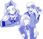  3boys ace_attorney belt blush bow bowtie closed_mouth dumas_gloomsbury formal glasses gloves hat jacket lapels long_hair long_sleeves male_focus minashirazu monochrome monocle multiple_boys necktie notched_lapels one_eye_closed open_mouth pants phoenix_wright:_ace_attorney_-_spirit_of_justice pierce_nichody shirt short_hair simple_background smile sorin_sprocket suit suspenders thumbs_up white_background 