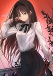  1girl black_hair black_ribbon blue_eyes breasts closed_mouth highres long_hair long_sleeves ribbon shirt simple_background skirt small_breasts smile tohno_akiha tsukihime vent_vert_(kuuya) 